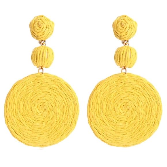 Chunky Yellow Rattan Earrings Wicker Bold Statement Raffia Dangle 80s Retro New - Picture 1 of 8